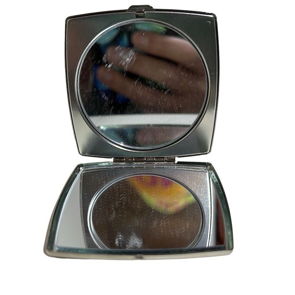 St. John Classic Design Silver Tone Snap Logo Compact Mirror Size 2.5" x 2.5" - Picture 3 of 10
